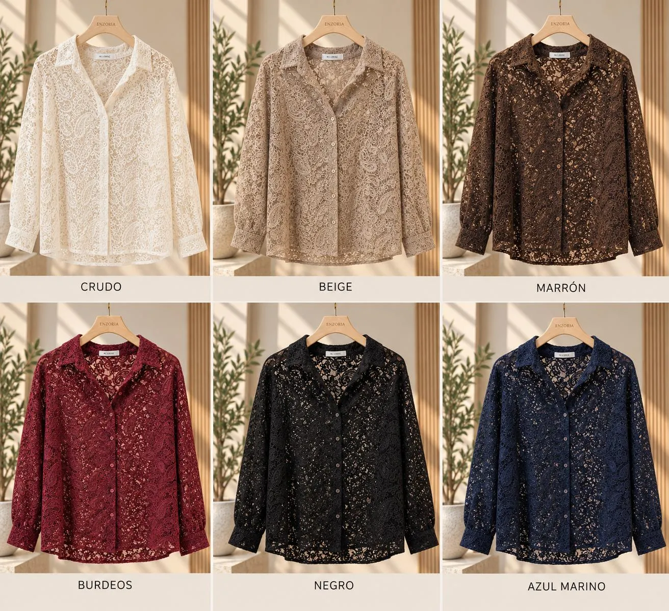 blusa de encaje-guipur, gama 6 colores