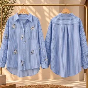 camisa rayas bordado pedrería, azul