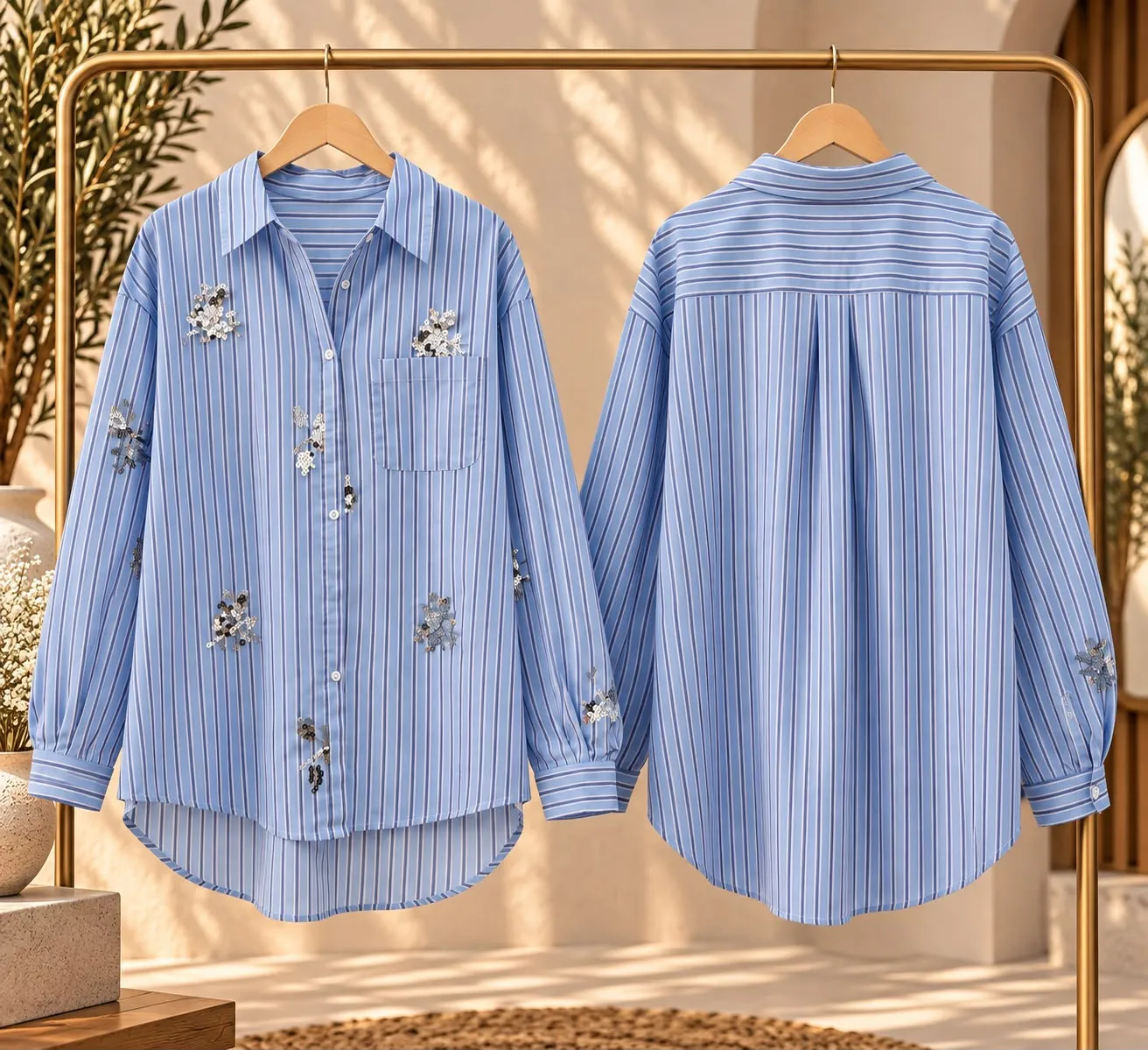 camisa rayas bordado pedrería, azul