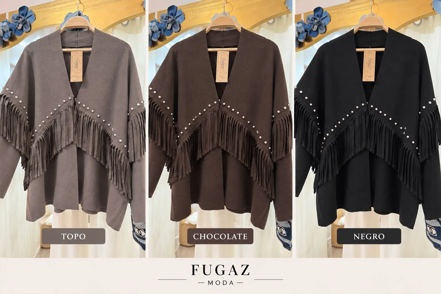 capa-poncho flecos y perlas, 3 colores