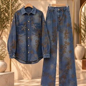 conjunto camisapantalón denim estampado flores, azul