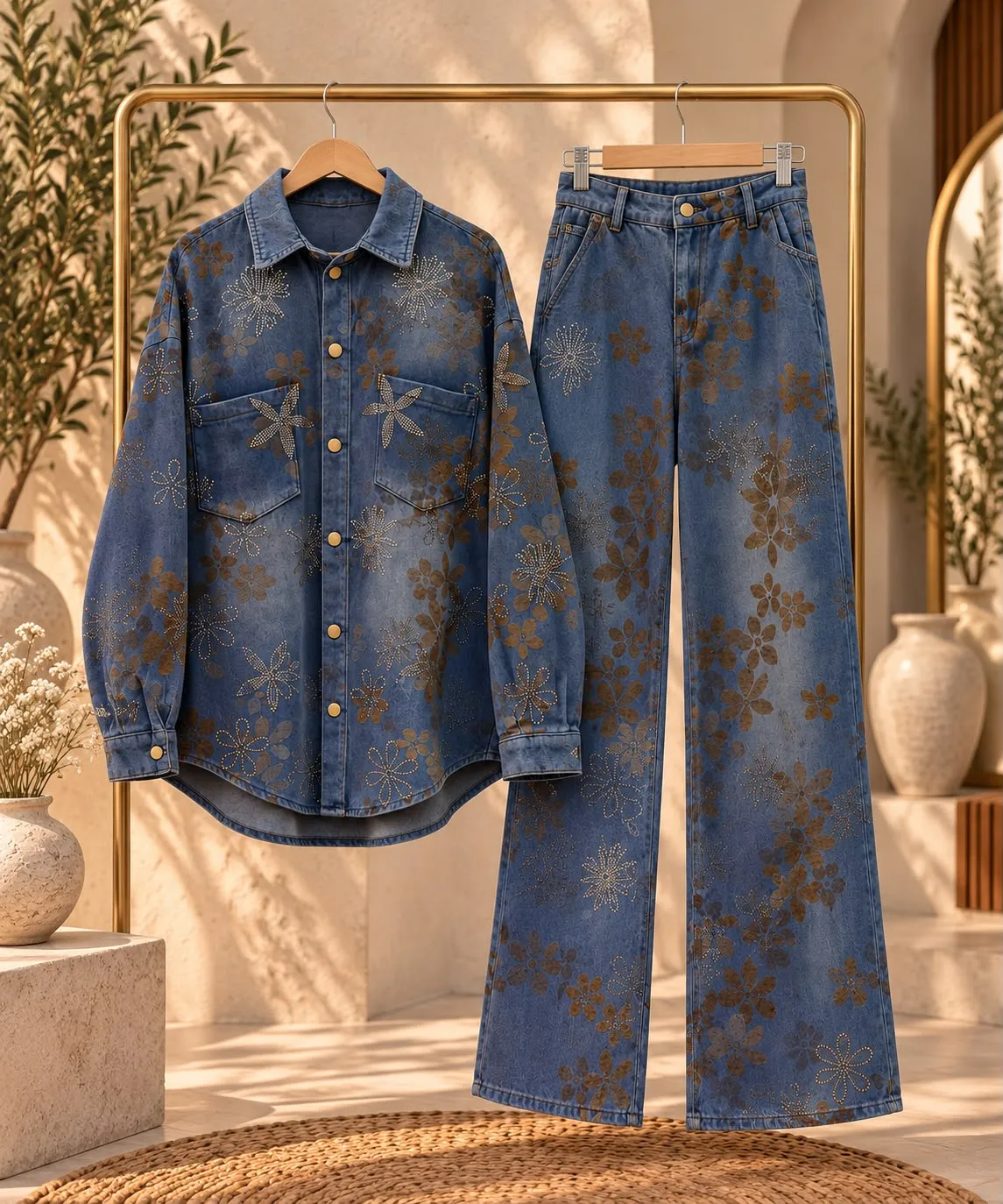 conjunto camisapantalón denim estampado flores, azul
