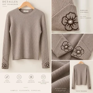 jersey canalé flor bordada con perla, topo