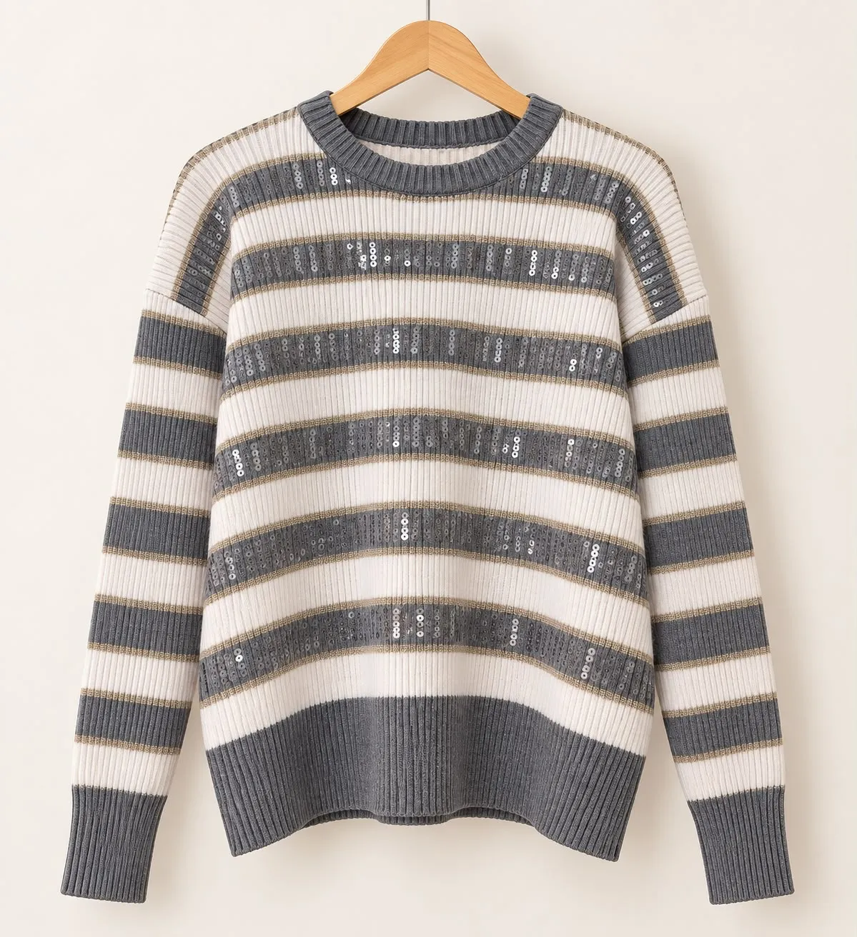 jersey rayas lentejuelas, gris-crema