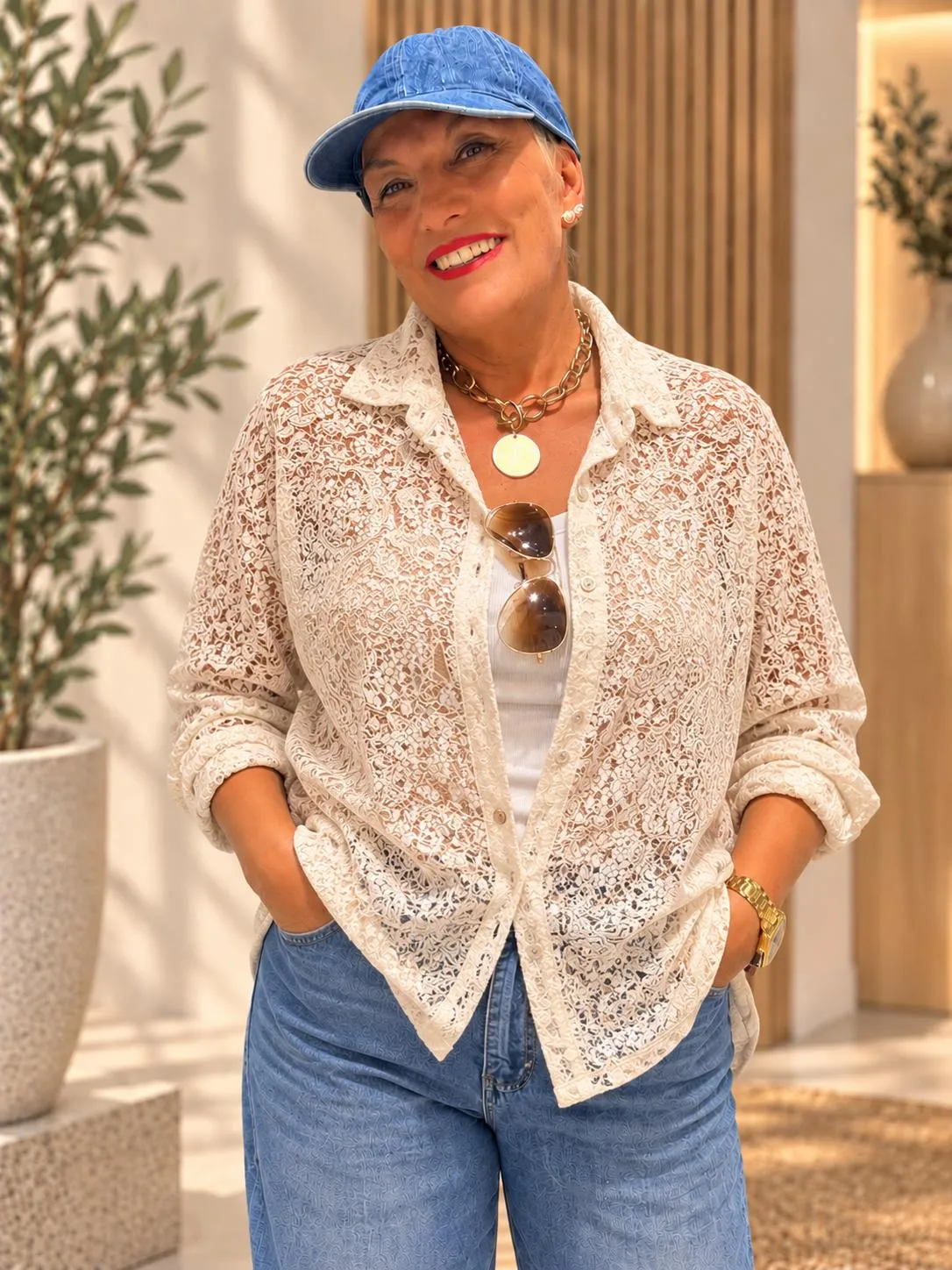 modelo con la blusa encaje burdeos puesta