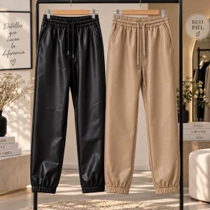 pantalón jogger eco piel, negro y camel