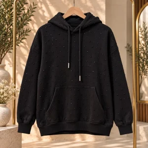 sudadera capucha con pedrería, negro