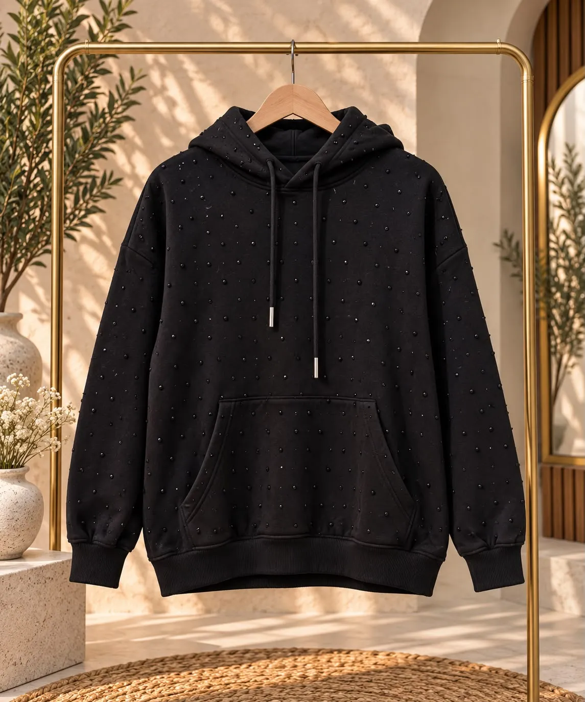 sudadera capucha con pedrería, negro